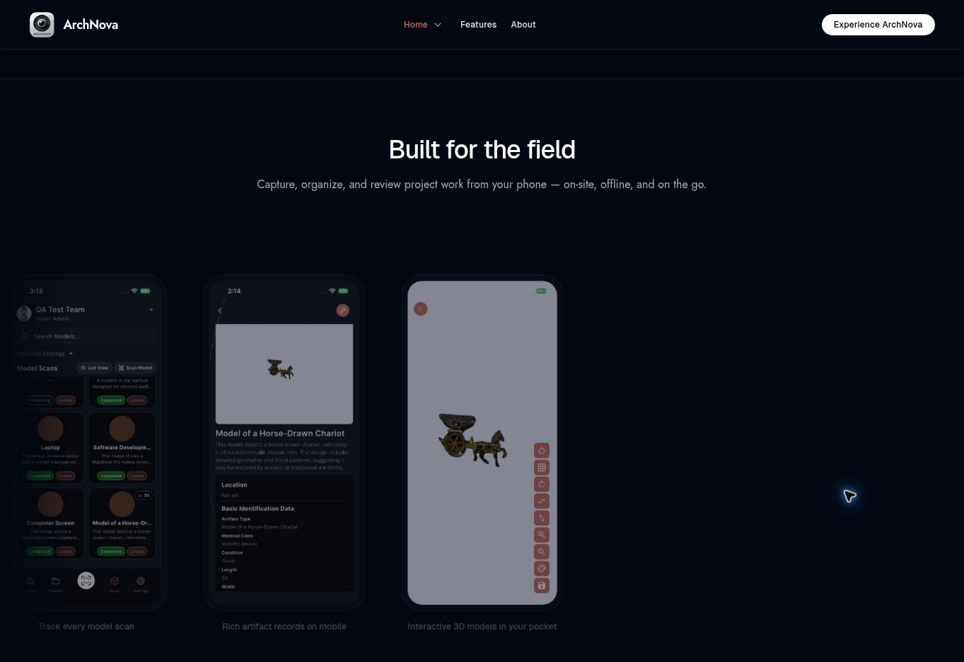 ArchNova mobile field-record and 3D artifact workflow